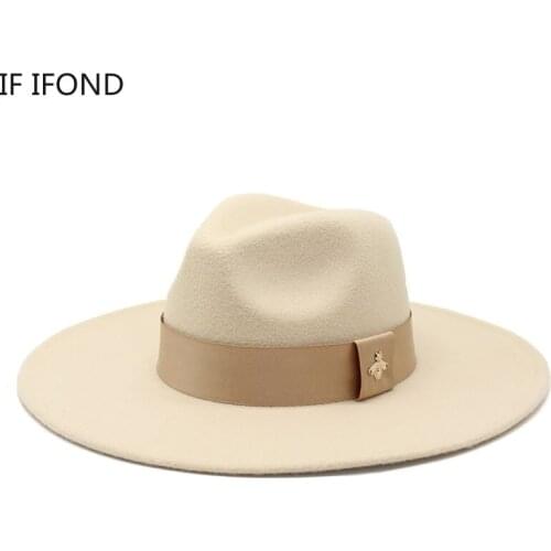Autumn Winter Womens 9.5CM Wide Brim Fedora Panama Hat with Bee Ribbon French Vintage Banquet Elegant Jazz Wedding Cap