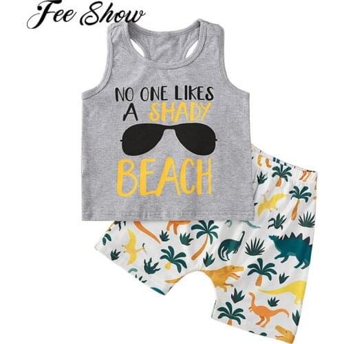 2Pcs Toddler Boys Summer Suits Casual Tracksuits Sportswear Sleeveless Racer Back Tops Fashion Cartoon Dinosaur Print Shorts Set