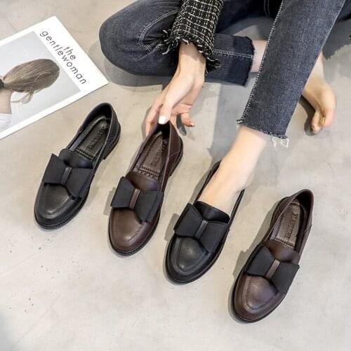 British small leather shoes 2020 spring new flat shallow mouth bow single shoes female loafers large size 34-41