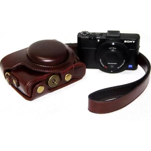 High Quality PU Leather Case Cover for Sony RX100 RX100II RX100 M3 RX100III M4 M5 M6 with Screw, Buttom Case, Strap shoulder bag