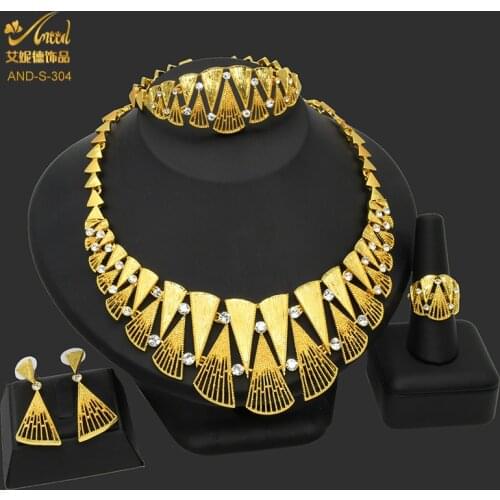 ANIID Gold Dubai Jewelry 24K Gold Filled Pakistani Bridal Crystal Wedding Necklace And Earrings Bracelet Nigerian Jewellery Gift
