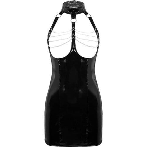 Women Wetlook Faux Leather Dresses Lingerie Halter Neck Open Cup Tassels Sleeveless Backless Bodycon Mini Dress Underwear Club