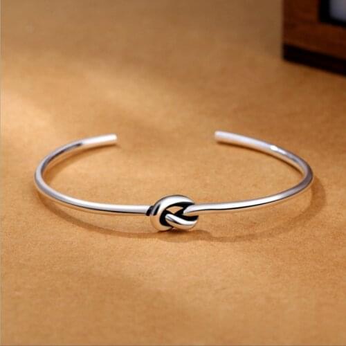 Silver 925 Jewelry Bracelet Simple Love Knot Sterling Silver Slender Round Opening Bracelet For Woman Anniversary Gift