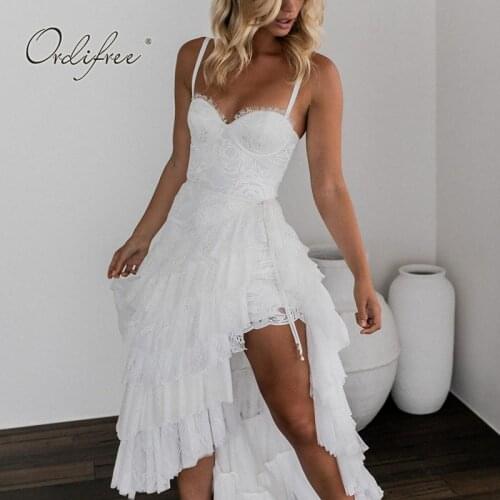 Ordifree 2021 Summer Women Sexy Party Dress Spaghetti Strap Backless Sleeveless Cake Dresses White Lace Long Beach Dress