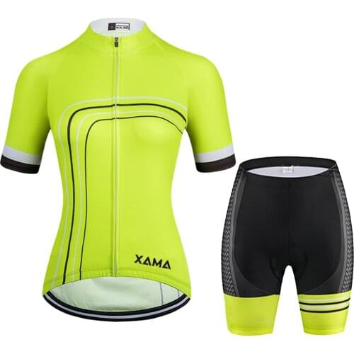 2021XAMA PRO Womens Fluorescent Yellow Short Sleeve Cycling Jersey Sets MTB Clothing Conjunto Feminino Ciclismo Maillot Mujer