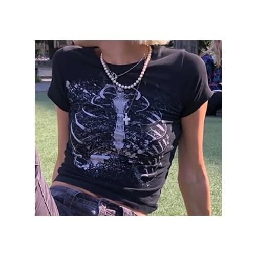90s Vintage Dark Skull Bones Print Funny Skull T-shirt Ladies Punk Top Summer Short Sleeve Crop Top Summer Slim Y2k Streetwear