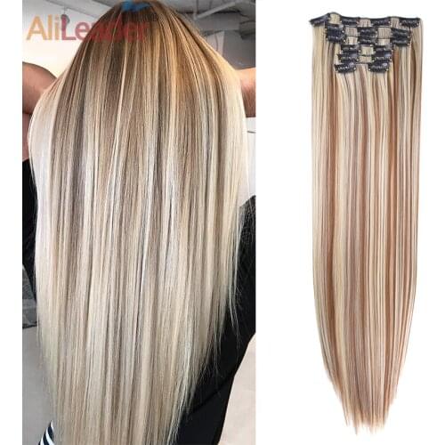 AliLeader Head 16 Clip In Hair Extension Long Straight Natural Black 6 Pcs/Set 16 Clips 22 Inch Synthetic Hair Piece For Women