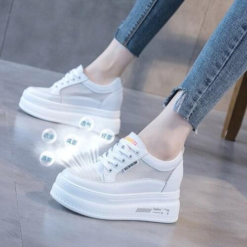 White Shoes Breathable Mesh Hollow Platform Chunky Sneakers Genuine Leather Women Female Sneakers Pumps Sapatos De Mujer