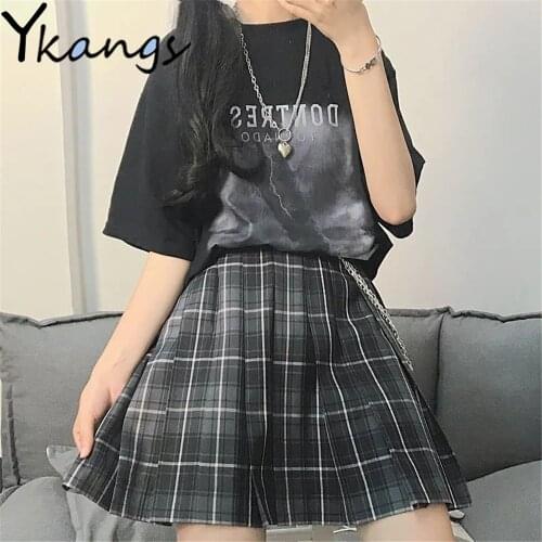 Harajuku Black Short Sleeve Printing T-Shirt+Plaid Pleated Skirt Dark Style Two Piece Set Summer Gothic WomenS Cool Streetwear