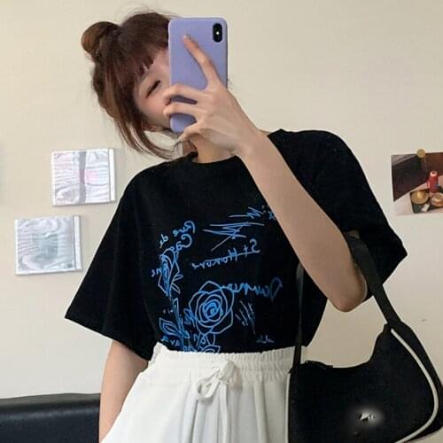 Harajuku Anime Print Y2K Short Sleeve Black Plus Size Women T-Shirts Korean Style Punk Gothic Clothes Dropshipping Vintage Tops