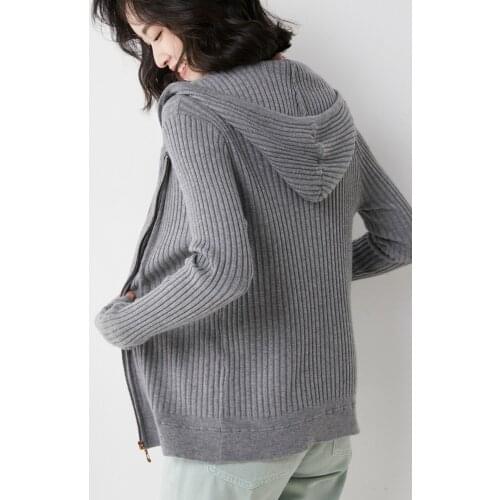 21 Spring and Autumn New Zipper Hooded Cardigan Womens Jacket Loose Sweater Short Long Sleeve Knitted Hoodie 60104