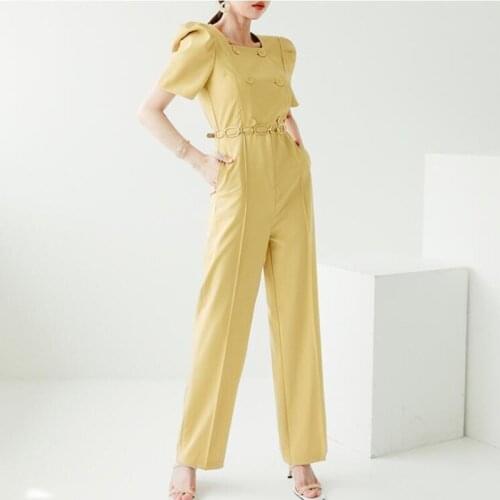 High Quality 2021 Summer Business Women Double-breasted Notched Collar Belt Deco Short Sleeve Length Casual Jumpsuit & Romper