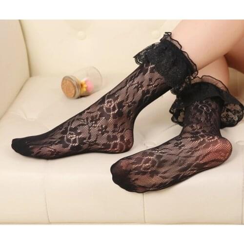 Lace Ruffle Lolita Socks For Women Cute Fishnet Flower Pattern Princess Sock Anime Cosplay Transparent Summer Soxs Female Gifts