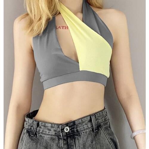 Yiallen 2021 Summer New Sexy Seeveless Stitching Halter ShortCrop Womens Tops Casual Street Ware Style T-Shirt Vest Club Party