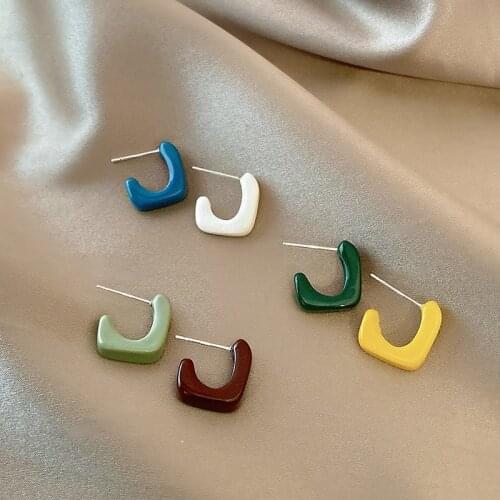 Minar 6 Colors Small Smooth Enamel Stud Earrings Chunky Open Rectangle Earrings Cute Minimalist Earrings for Women Jewelry 2021