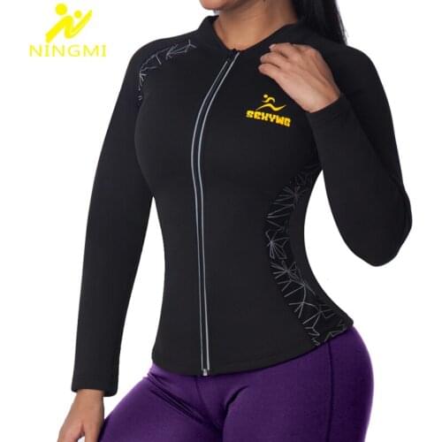 NINGMI Neoprene Sauna Body Shaper Warming Shirt Slimming Waist Trainer Women Zipper Sports Top Mesh Blouse Long Sleeve Shapewear
