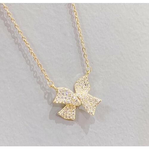 BOTU 2021 New Creative Bow Pendant Necklace Micro-inlaid Zircon Personality Temperament Necklace Jewelry for Women