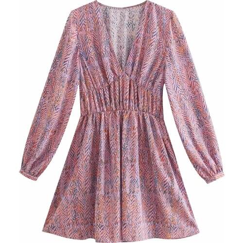 New Women Vogue Printed Waist Elastic Mini Dress V-Neck Long Sleeves Vintage Chic Lady Dresses Female Robe