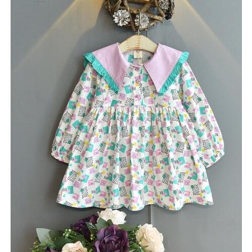 Girls Long-sleeved Floral Pleated Princess Dress Kids Dresses for Toddler Fall Clothes 2021 Flower Dresses Korean Baby Clothes