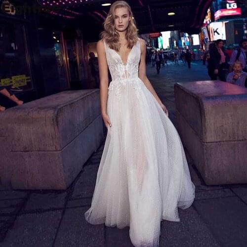 Eightree Beach Wedding Dresses Boho vestido de noiva Lace Dot Tulle Bridal Dress Backless Spaghetti Straps V Neck Wedding Gowns