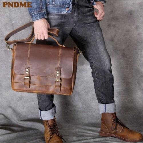 Business vintage crazy horse cowhide mens briefcase genuine leather lawyer brown handbag 13 inch laptop shoulder messenger bags