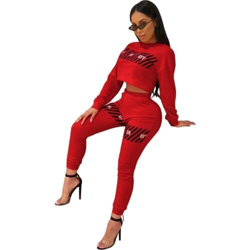 Letter Printed Causal 2 Piece Set Women O Neck Long Sleeve Crop Top High Waist Bodycon Skinny Pant Autumn Red Jumpsuit Outfits
