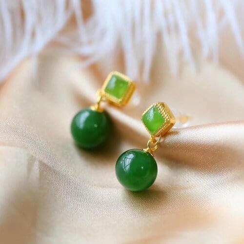 S925 Sterling Silver round Beads Stud Earrings Natural Hetian Jade Eardrops Long Jasper Spinach Green Earrings Ear Studs