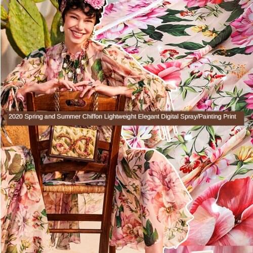 Spring and Summer New Dress Fabric Romantic Purple Flower Sea Light Elegant Chiffon Digital Printing DIY Material