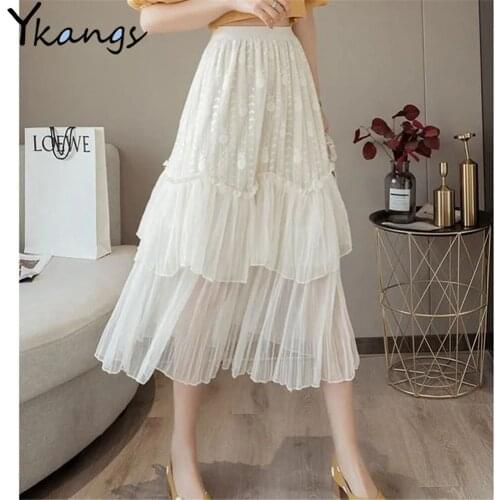 Vintage High Waist Elegant Long A-Line Skirt Women Lace Mesh Midi Tulle Skirt Female Princess Black Ruffle Casual Streetwear