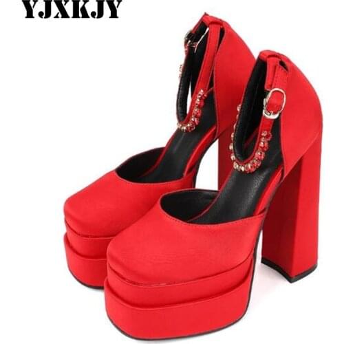 YJXKJY 2021 New Brand Women Summer Shoes Sexy Thick High Heels Platform Black Red Dress Party Wedding Shoes Woman Pumps For Lady