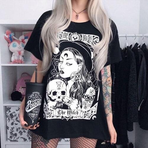 Rosetic Harajuku Witch Print T Shirt Women Gothic Streetwear Casual Goth Black T-shirt Girl Fashion Aesthetic T Shirts Loose
