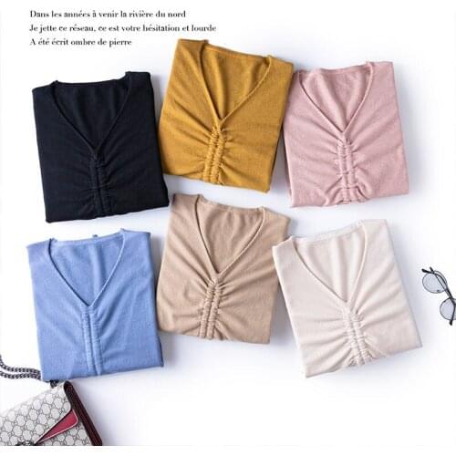 New Style Drawstring Top Womens V-neck T-shirt Autumn and Winter Long-sleeved Korean Loose Sweater Knitted Bottoming Shirt