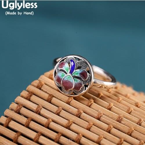 Uglyless Enamel Blooming Lotus Rings for Women Ethnic Retro Dress Jewelry Real 925 Sterling Silver Open Rings China Chic Bijoux
