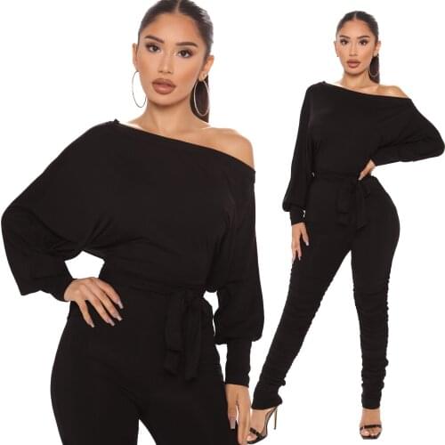 Womens Rompers Loose Solid Off-shoulder Elastic Waist Elastic Long Jumpsuit Lace Bow With Belt Bodysuit Rompers