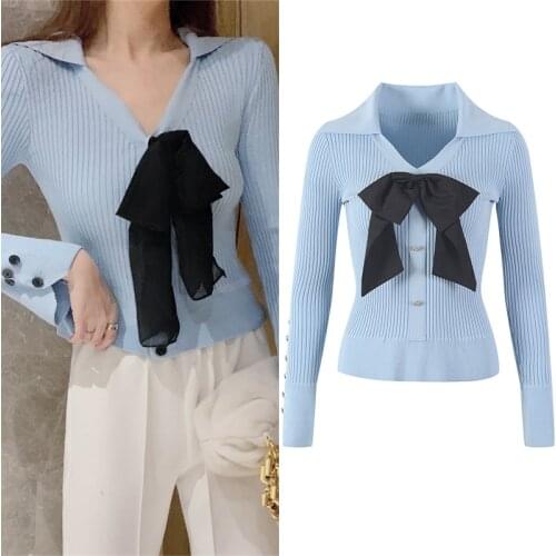 2021 Autumn Women Sweater Pullovers Sexy V-Neck Knit Tops Long Sleeve Blue Sweet Jumper Jersey Japanese Korean Fashion Clothing