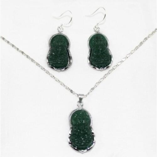Woman Dark green jade Guanyin Pendant Earring Set with good luck and happy smile