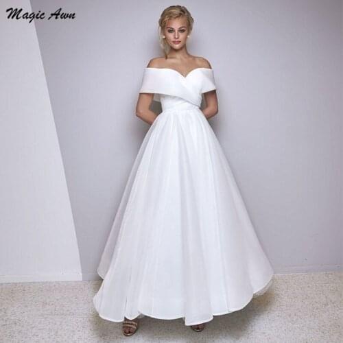 Magic Awn Elegant Organza Off The Shoulder Wedding Dresses 2021 Ankle Length A-Line Simple Vinatge Mariage Gowns Robe De Mariee