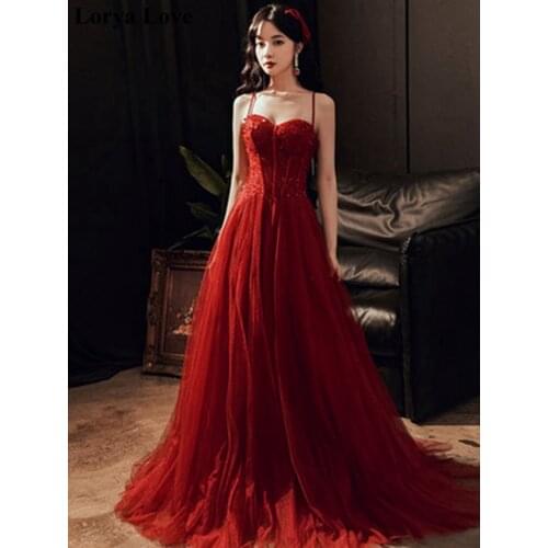 Wine Red Long A-Line Prom Dresses 2021 Formal Party Robe De Soiree Spaghetti Straps Beading Sequins Tulle Elegant Evening Gowns