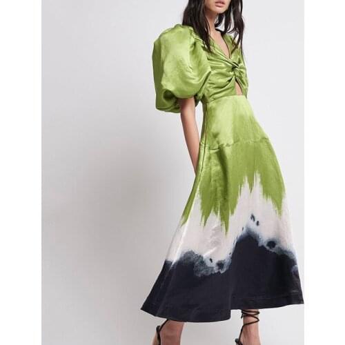Vintage Green Contrast Color Splicing Summer Evening Dress 2021 Bubble Sleeve High Waist Temperament Slim Prom Vestido for Lady