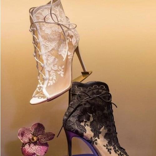 Sexy Lace Ankle Boot Black White Floral Lace Mesh High Heel Pump Lace up Peep Toe Hollow Gladiator Heels Dress Shoes Drop Ship