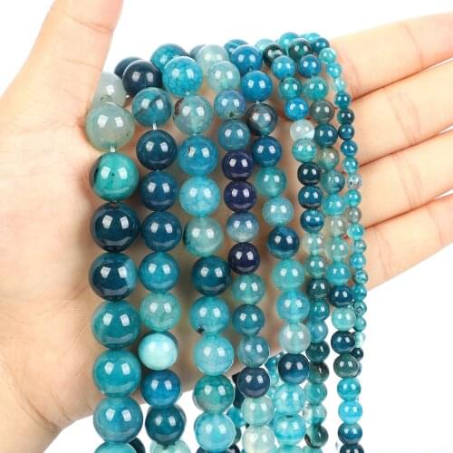 Natural Stone Beads Blue Green Burst Flower Agate Round Loose Beads for Jewelry Making Needlework Bracelet DIY 4-12 MM