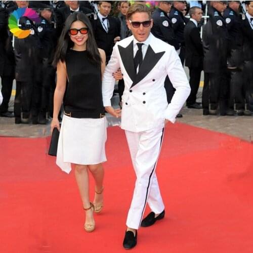 Double Breasted Suit Formal White Men Suits Black Peaked Lapel Groom Tuxedos Groomsmen Suit Best Man Blazers 2 Piece Red Carpet