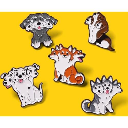 Cute Dogs Enamel Pins Three Head Husky Shiba Inu Custom Brooches Decoration Backpack Badge Gift for People Who love Puppy
