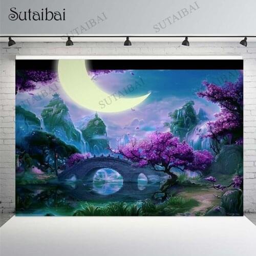 Fantasy Scenery Night Moon Bridge Mountain River Tree Flowers Wedding Photo Background Backdrops Decorations Photography Studio