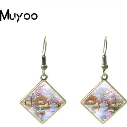 Beautiful Landscape Vintage Oil Paintings Rhombus Fish Hook Earrings Famous Scenery Oil Paintings Rhombus Dangle Earrings