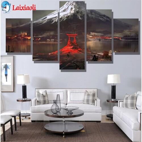 5pcs Abstract Art diamond Painting Mount Fuji Japan Drawing Painting Artwork full square round drill Wall Art For Home Decor