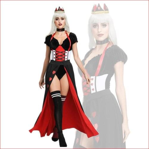 New 2019 Adult Women Queen of Hearts Costume Party Fancy Dress Halloween Fantasia Red Queen Ladies Cosplay Outfit and Tiara