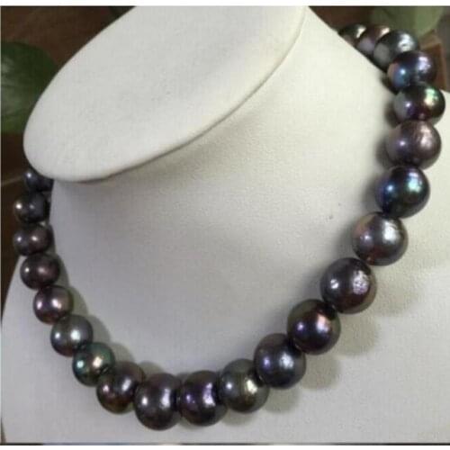 Stunning 12-13mm tahitian round black red pearl necklace 18inch 925s kkk