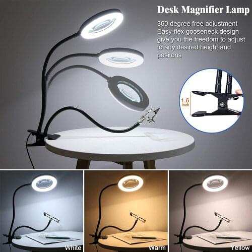 Magnifying Glass Lamp with Metal Clamp 155MM Lens 72 LED Lights 3 Color Modes Double Gooseneck Magnifier with Phone Clip