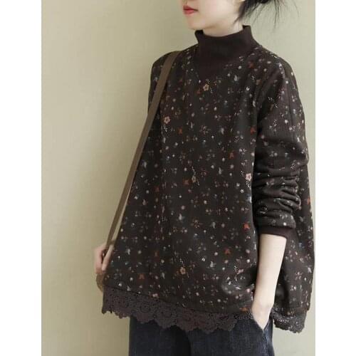 Vintage Clothes Tunic Women Turtleneck Ladies Top BlouseLong Sleeve Stitch Floral Basic Tee Shirt Autumn Winter Casual